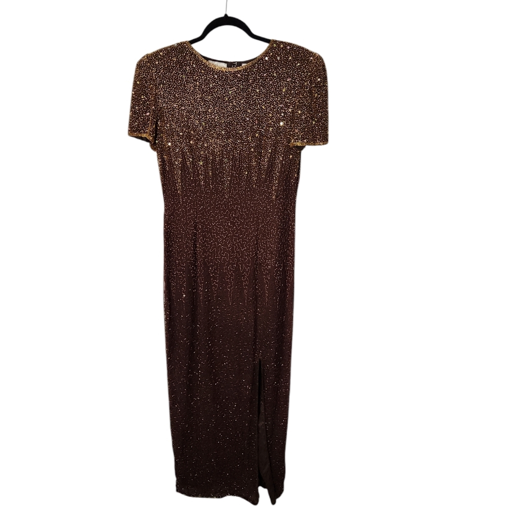 Vintage Stenay Brown 100% Silk Bead Sequin Evening Gown‎ Formal Dress  Size 10